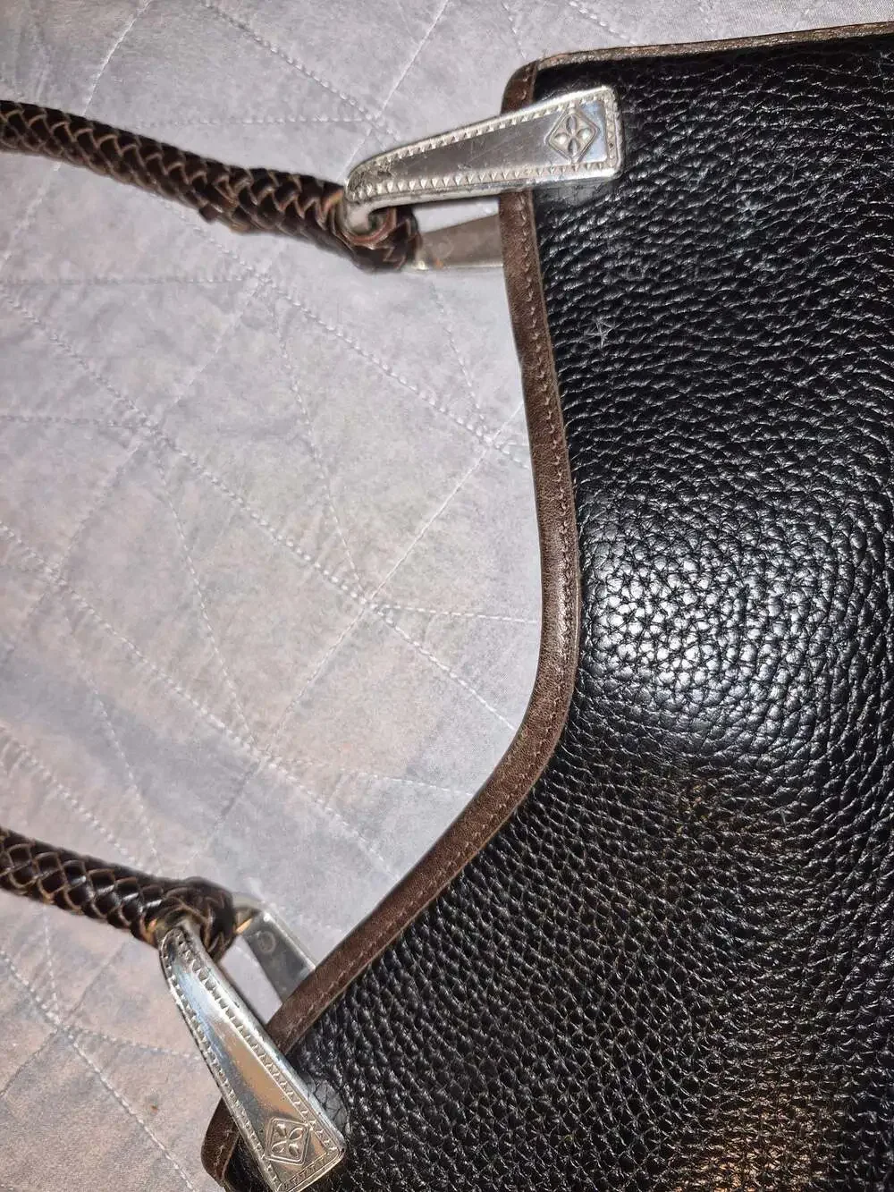 Brighton Gina Black Pebbled Leather Hobo Handbag Croc Trim Braided Handle